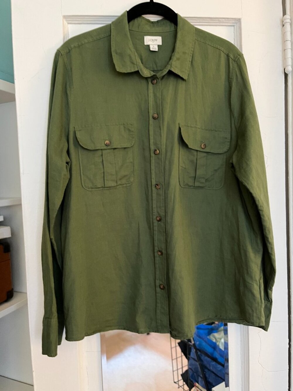 J. Crew Green Utility Pocket Button Down Linen Cotton L